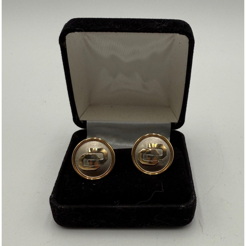 Vintage Two-Tone Gold & Silver Abstract Geometric Logo Cufflinks with Box